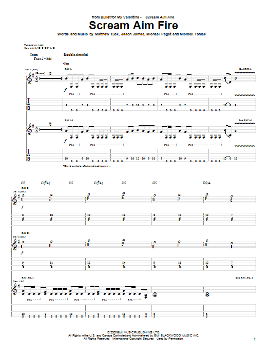 Bullet For My Valentine Scream Aim Fire Sheet Music Notes & Chords for Guitar Tab - Download or Print PDF
