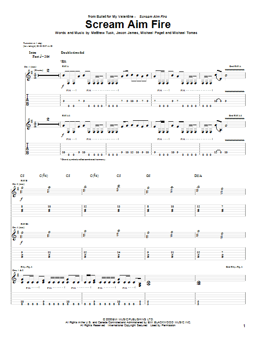 Preview Bullet For My Valentine Scream Aim Fire Pop sheet music, notes and chords for Guitar Tab, SKU: 63963 Scream Aim Fire sheet music