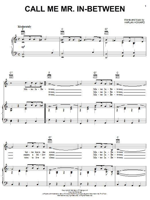 Burl Ives Call Me Mr. In-Between Sheet Music Notes & Chords for Piano, Vocal & Guitar (Right-Hand Melody) - Download or Print PDF