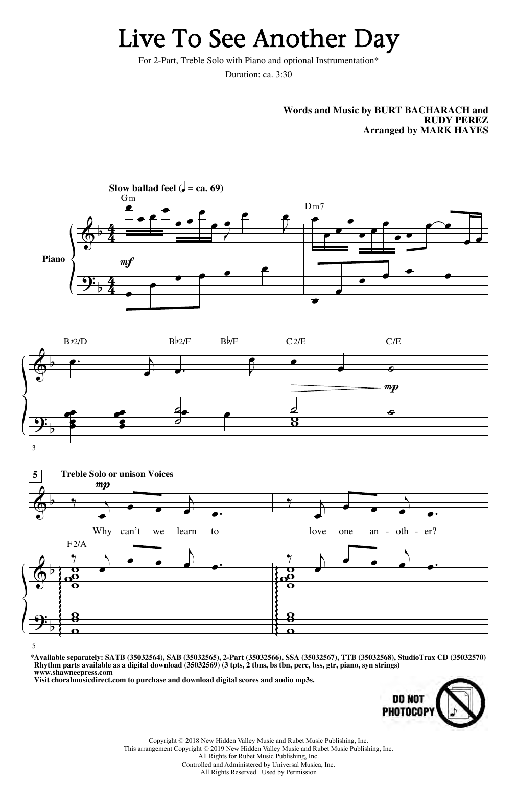 Burt Bacharach & Rudy Perez Live To See Another Day (arr. Mark Hayes) Sheet Music Notes & Chords for SAB Choir - Download or Print PDF