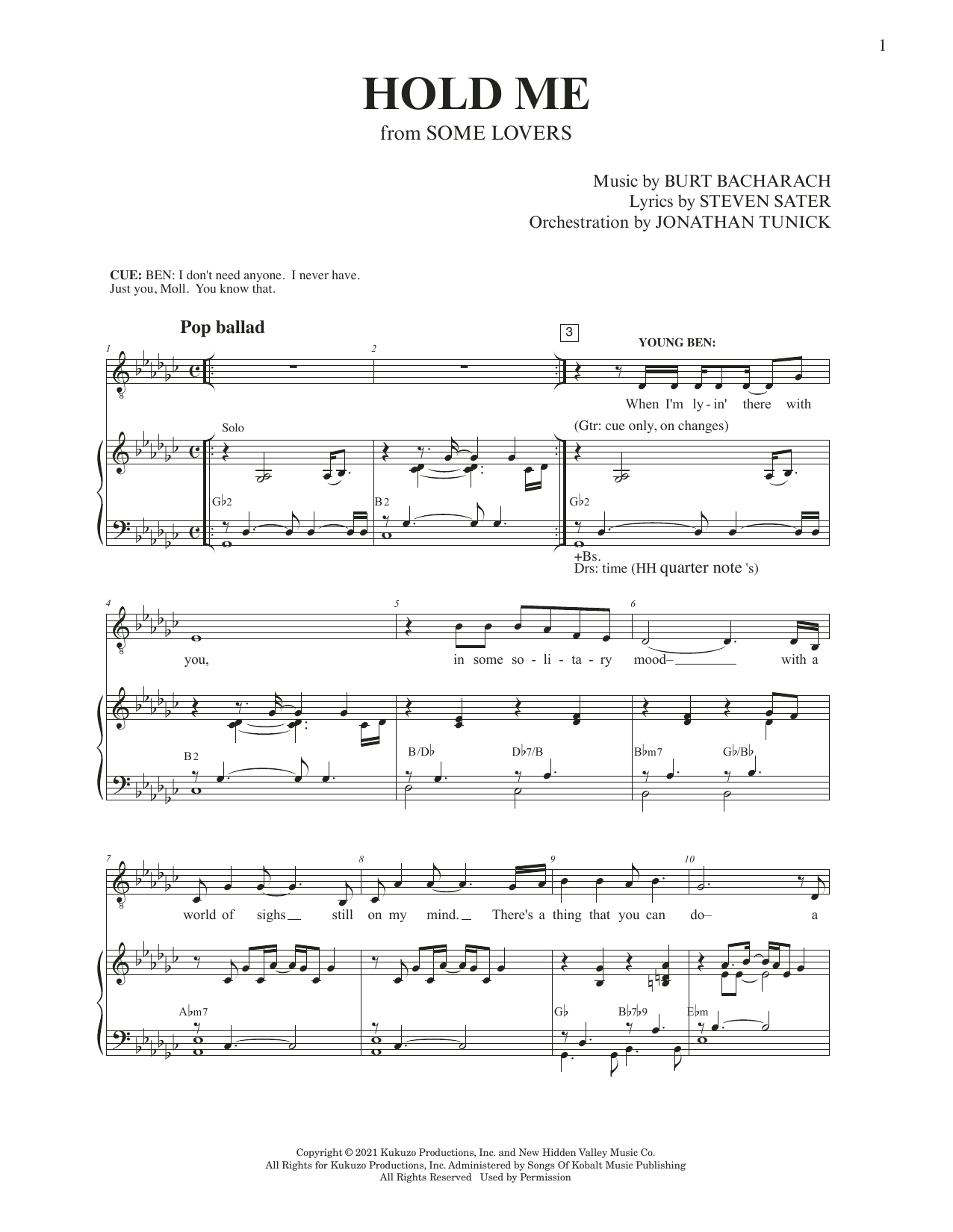 Burt Bacharach & Steven Sater Hold Me (from Some Lovers) Sheet Music Notes & Chords for Piano & Vocal - Download or Print PDF