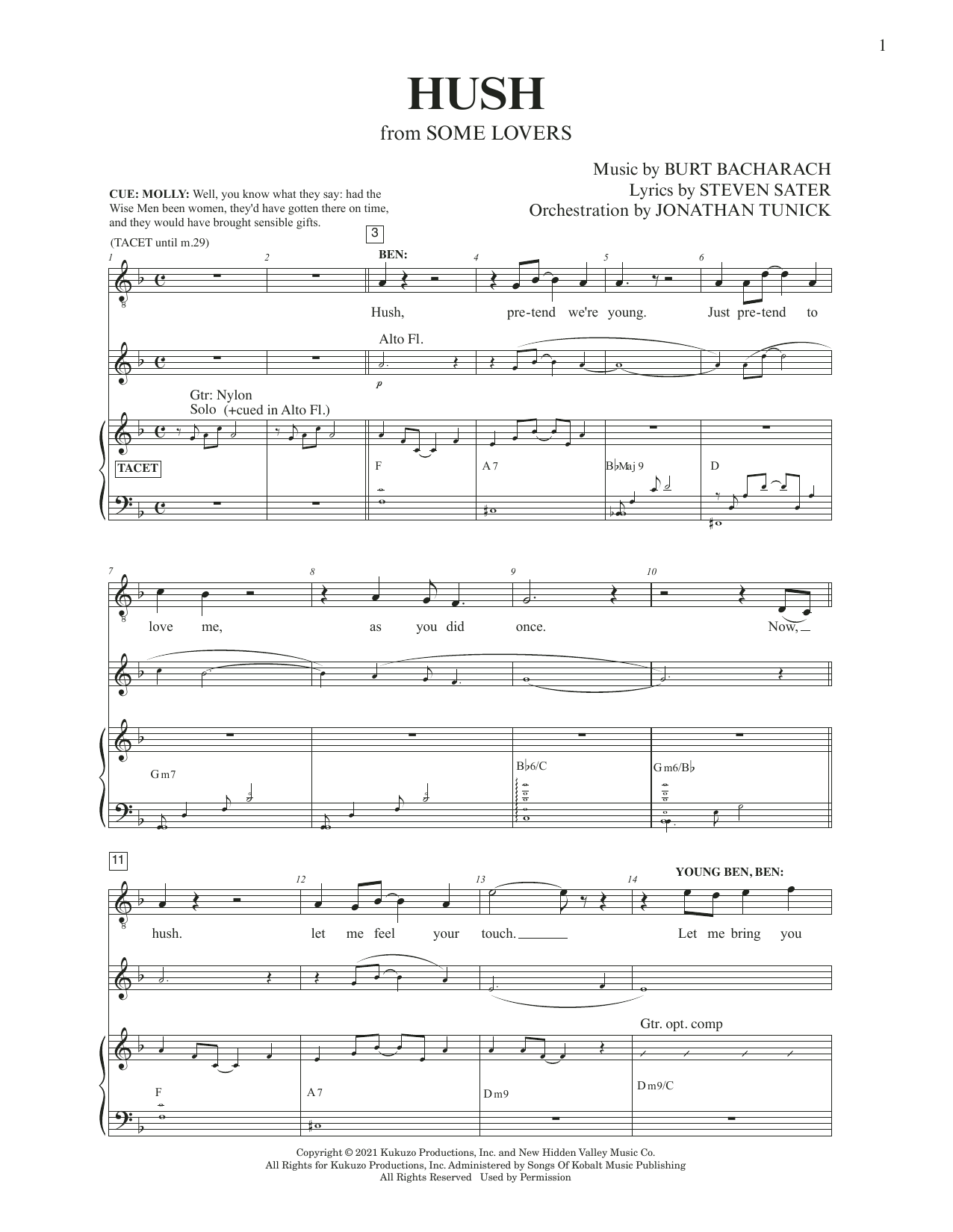 Burt Bacharach & Steven Sater Hush (from Some Lovers) Sheet Music Notes & Chords for Piano & Vocal - Download or Print PDF