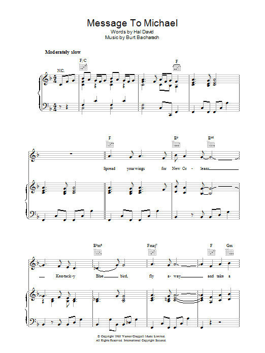 Burt Bacharach A Message to Martha (A Message To Michael/Kentucky Bluebird) Sheet Music Notes & Chords for Piano, Vocal & Guitar (Right-Hand Melody) - Download or Print PDF
