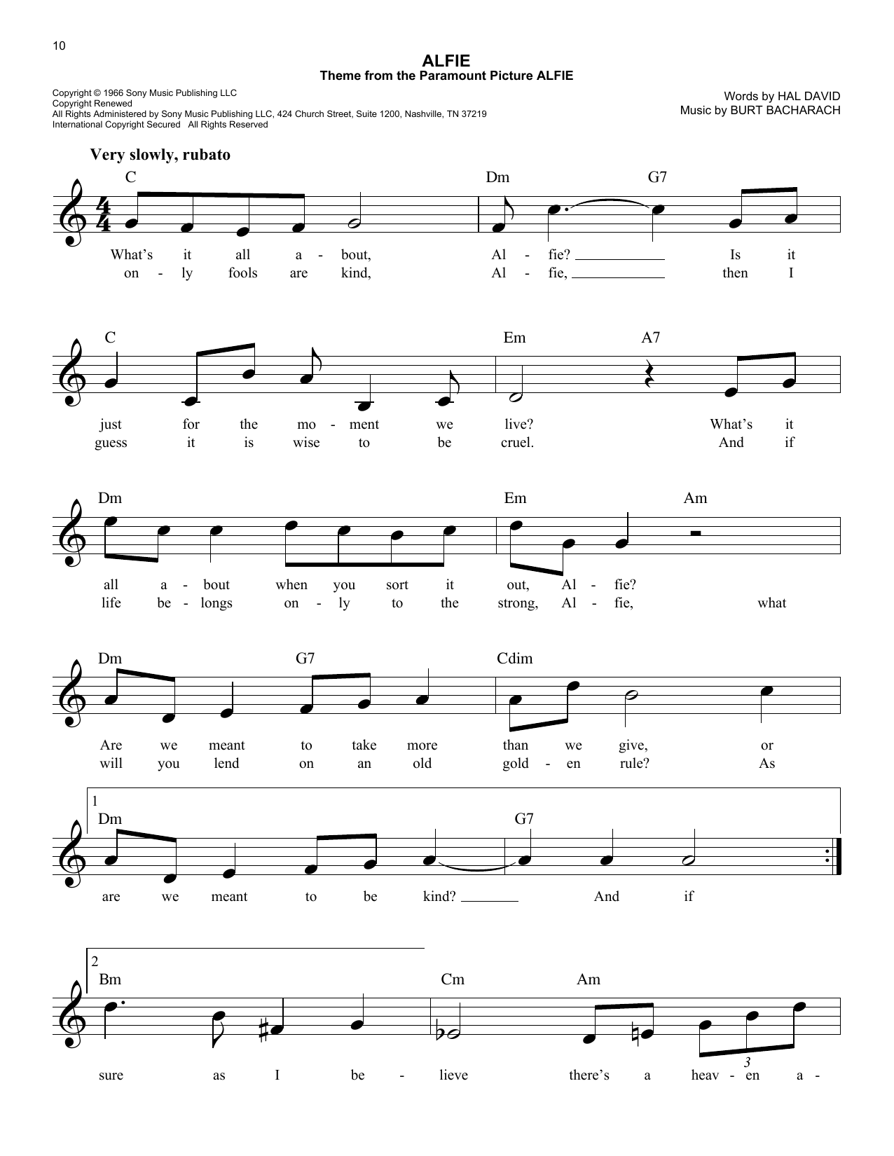 Burt Bacharach Alfie Sheet Music Notes & Chords for Melody Line, Lyrics & Chords - Download or Print PDF