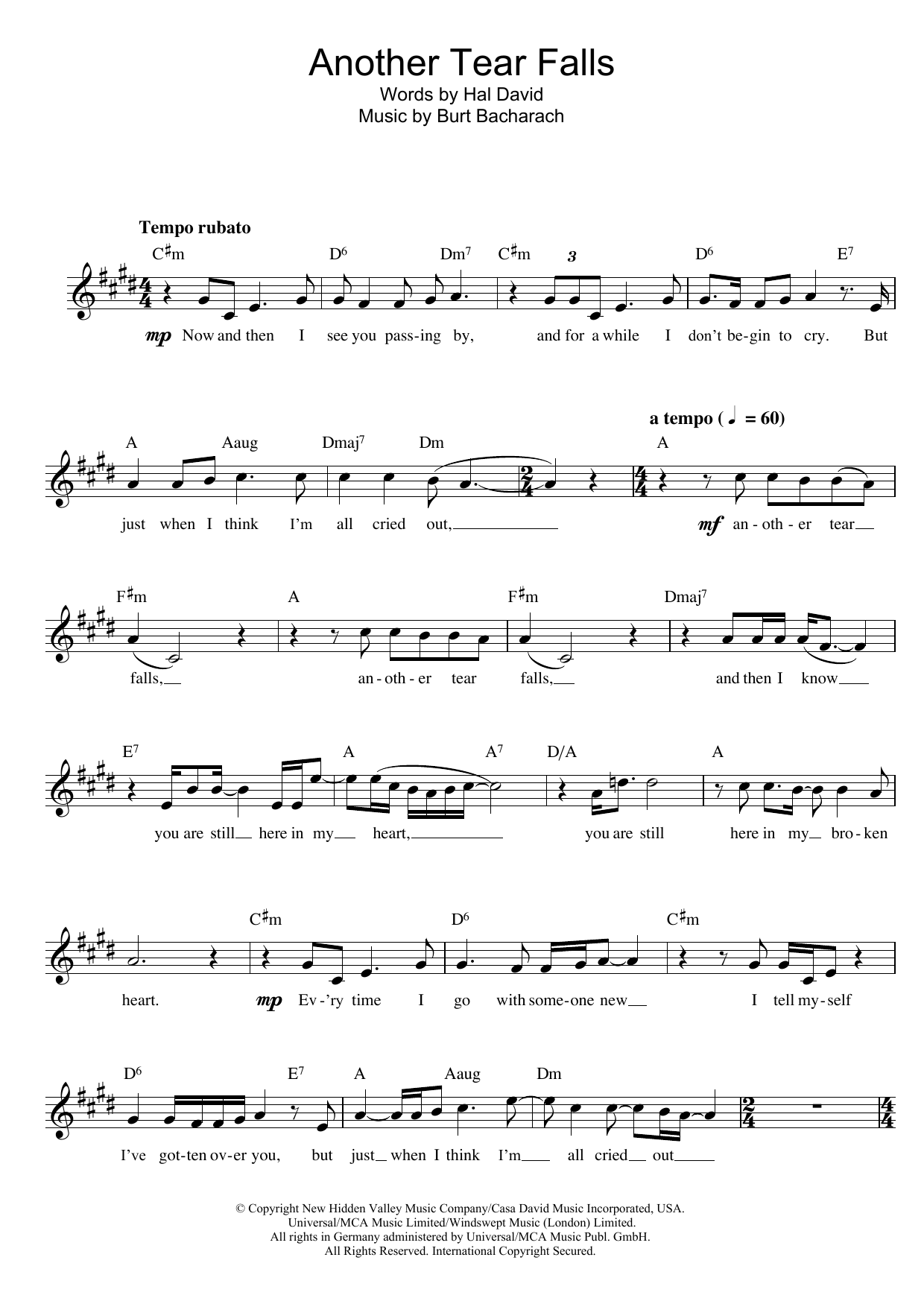 Bacharach & David Another Tear Falls Sheet Music Notes & Chords for Melody Line, Lyrics & Chords - Download or Print PDF