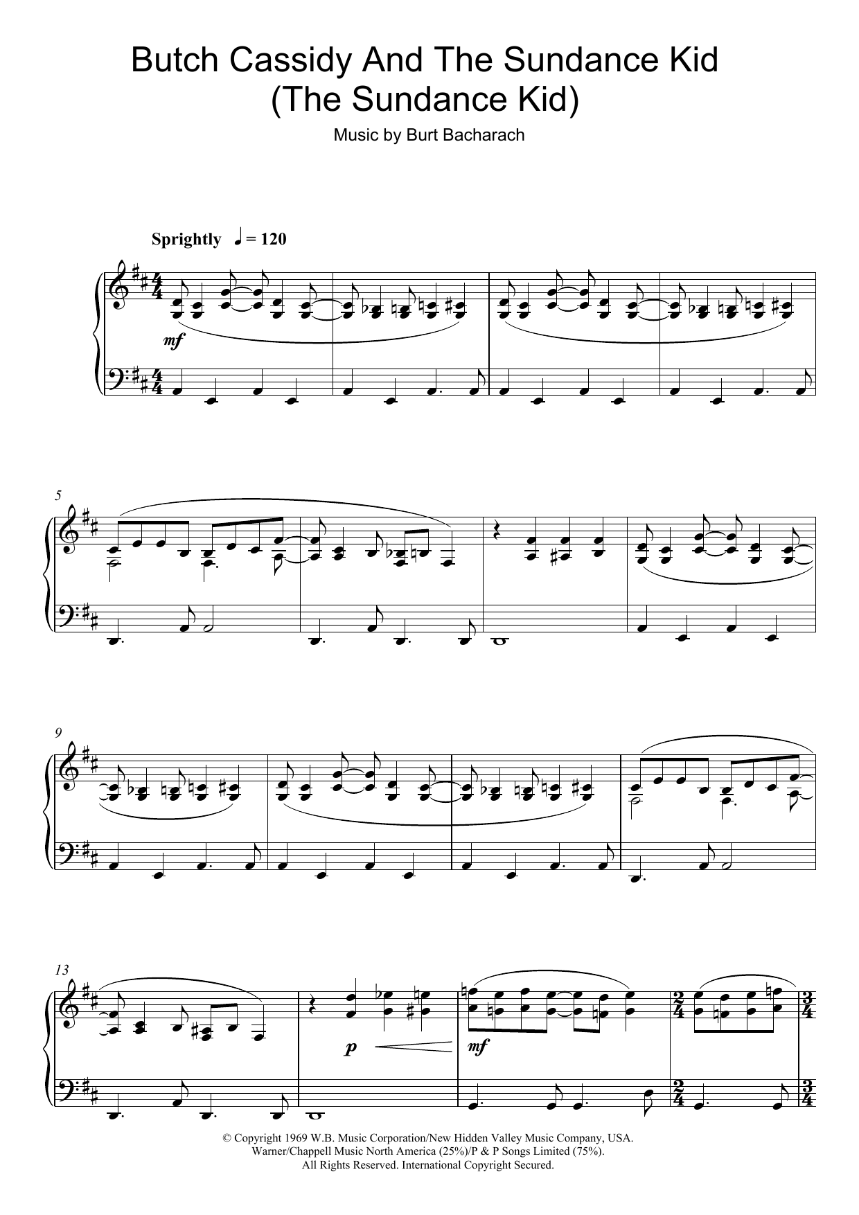 Burt Bacharach Butch Cassidy And The Sundance Kid (The Sundance Kid) Sheet Music Notes & Chords for Piano - Download or Print PDF