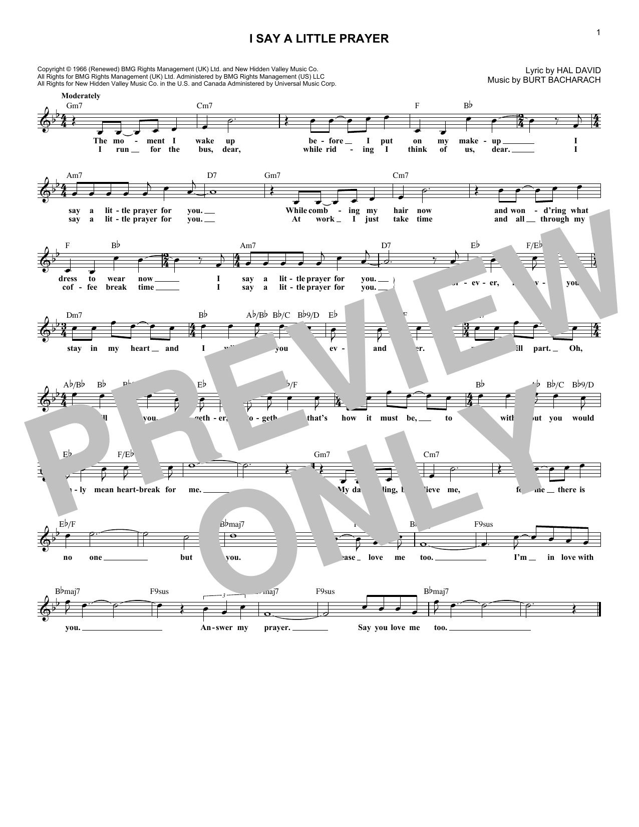 Burt Bacharach I Say A Little Prayer Sheet Music Notes & Chords for Lead Sheet / Fake Book - Download or Print PDF