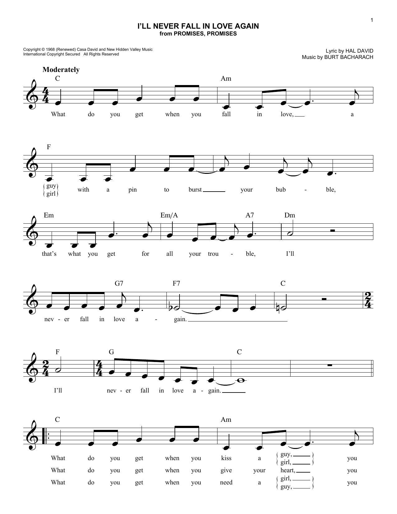 Burt Bacharach I'll Never Fall In Love Again Sheet Music Notes & Chords for Piano Chords/Lyrics - Download or Print PDF