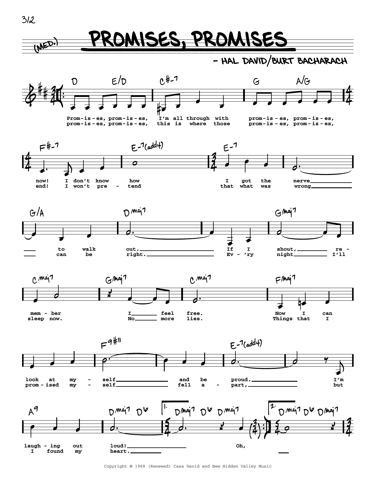 Burt Bacharach Promises, Promises (Low Voice) Sheet Music Notes & Chords for Real Book – Melody, Lyrics & Chords - Download or Print PDF