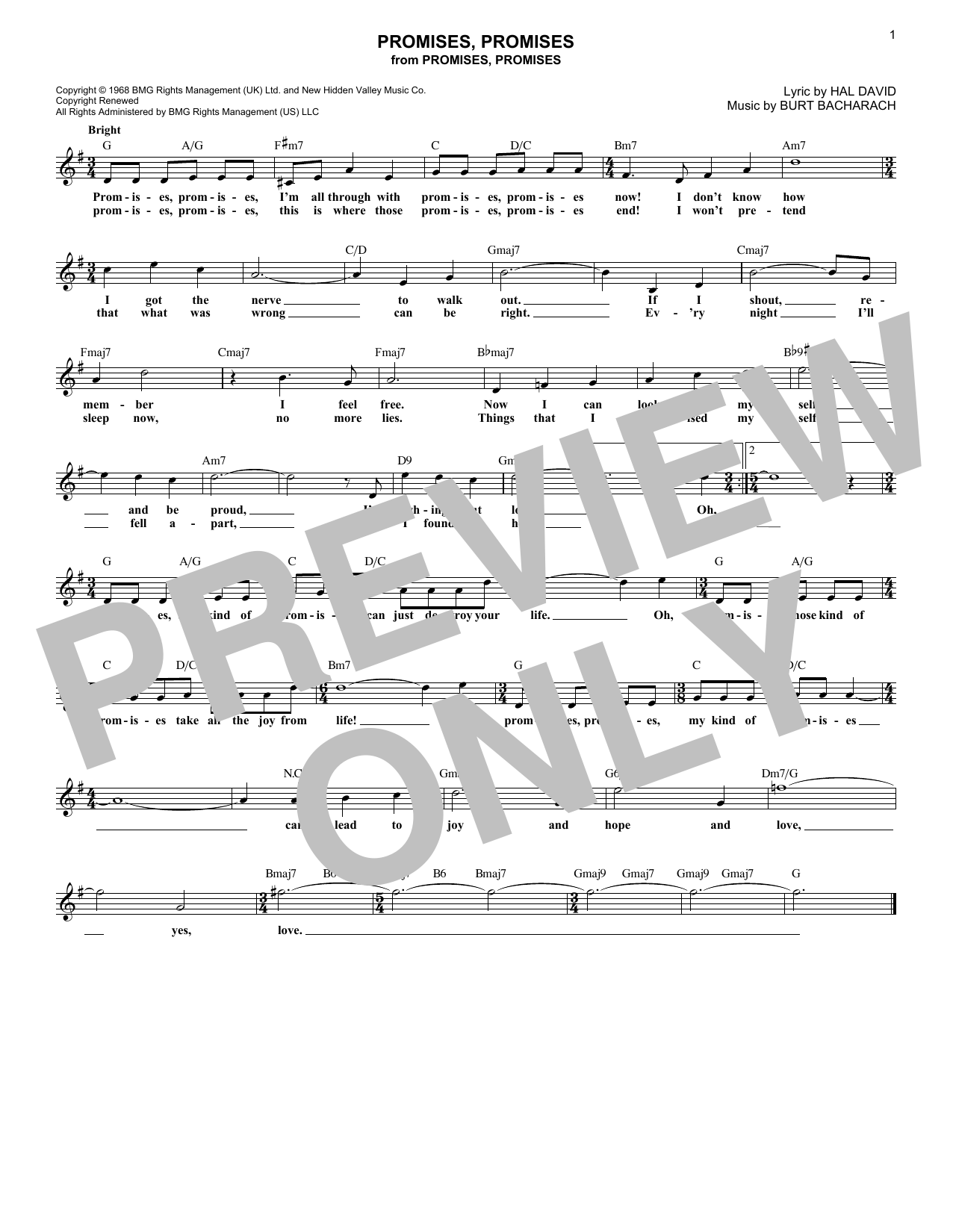 Burt Bacharach Promises, Promises Sheet Music Notes & Chords for Melody Line, Lyrics & Chords - Download or Print PDF