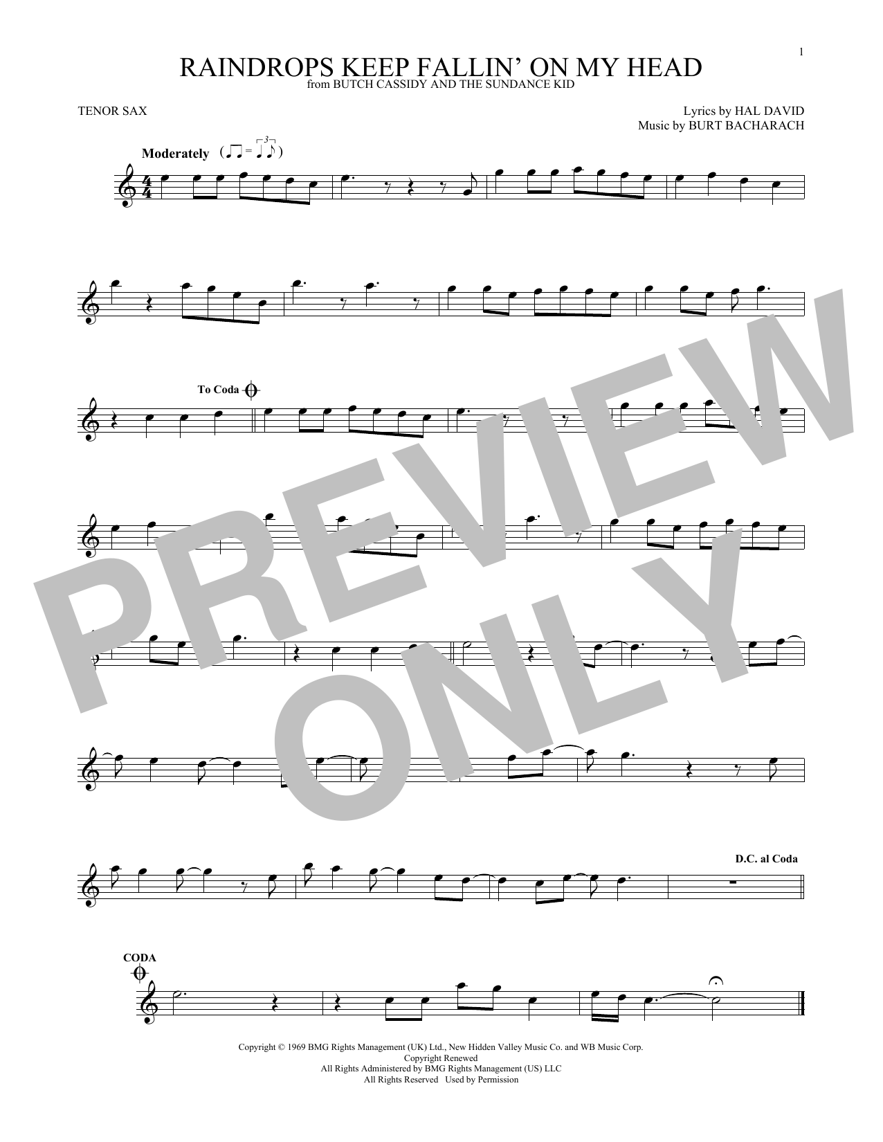 Burt Bacharach Raindrops Keep Fallin' On My Head Sheet Music Notes & Chords for French Horn - Download or Print PDF