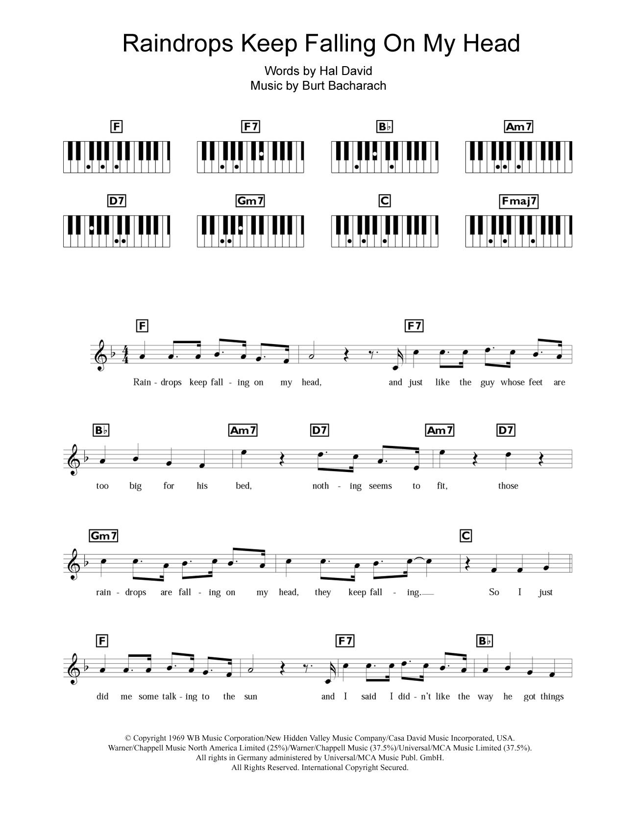 Burt Bacharach Raindrops Keep Falling On My Head Sheet Music Notes & Chords for Piano Chords/Lyrics - Download or Print PDF