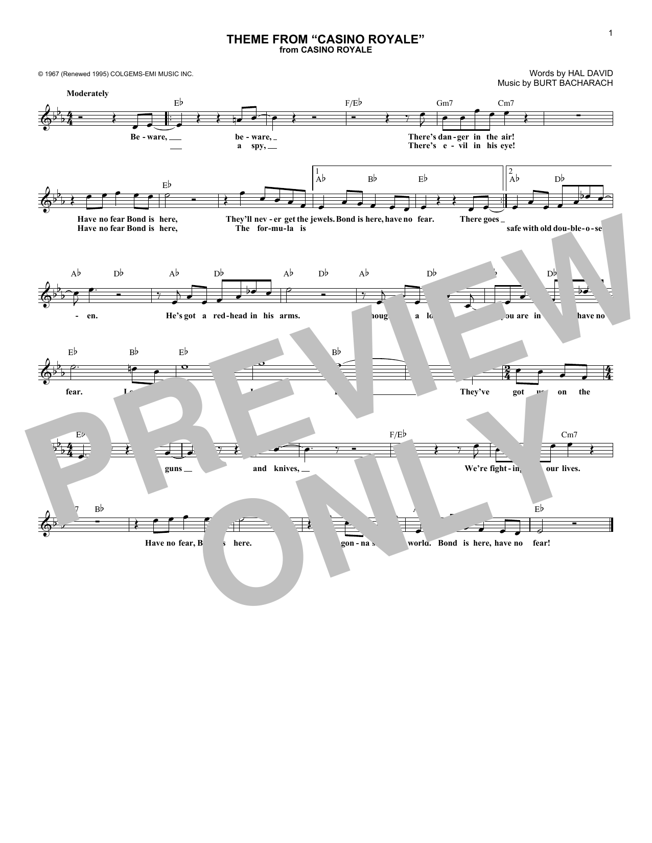 Burt Bacharach Theme From Casino Royale Sheet Music Notes & Chords for Melody Line, Lyrics & Chords - Download or Print PDF