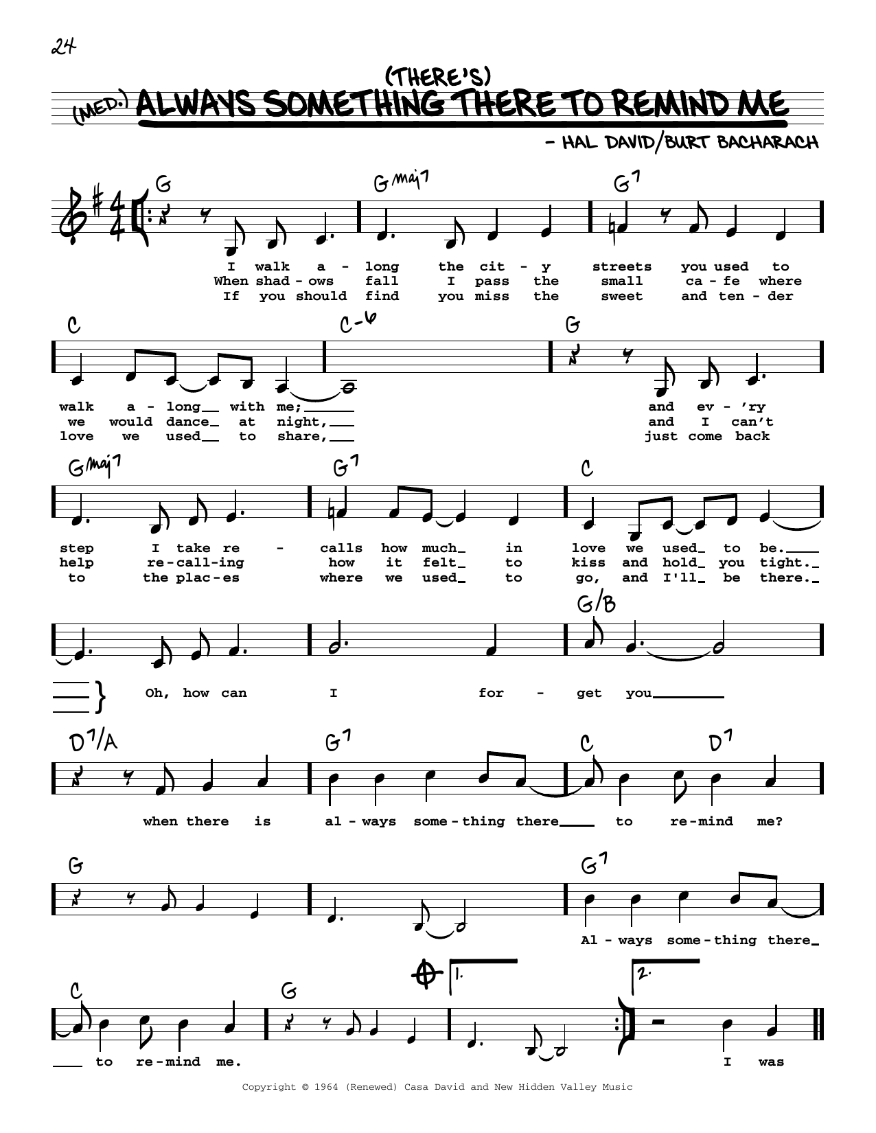 Burt Bacharach (There's) Always Something There To Remind Me (Low Voice) Sheet Music Notes & Chords for Real Book – Melody, Lyrics & Chords - Download or Print PDF