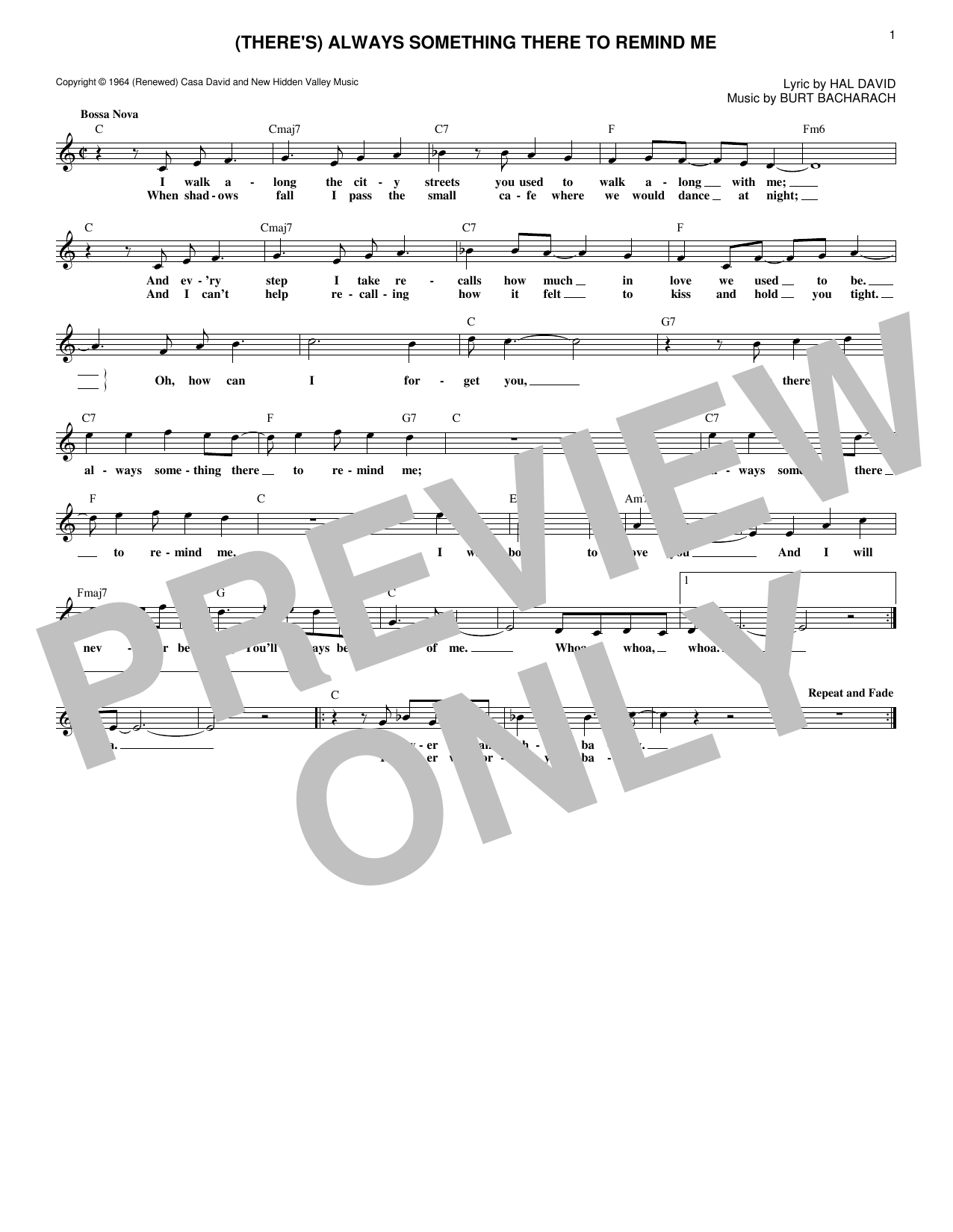 Burt Bacharach (There's) Always Something There To Remind Me Sheet Music Notes & Chords for Melody Line, Lyrics & Chords - Download or Print PDF