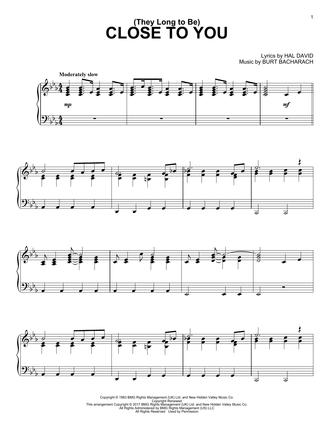 Burt Bacharach (They Long To Be) Close To You Sheet Music Notes & Chords for Piano - Download or Print PDF