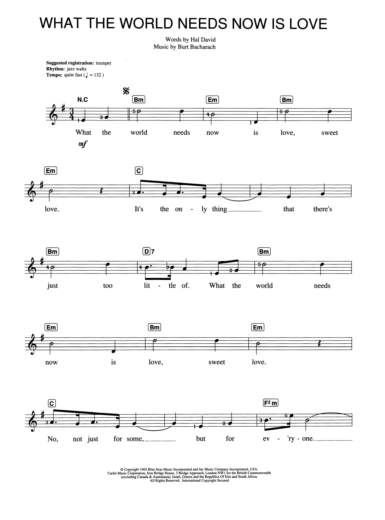 Bacharach & David What The World Needs Now Is Love Sheet Music Notes & Chords for Piano (Big Notes) - Download or Print PDF