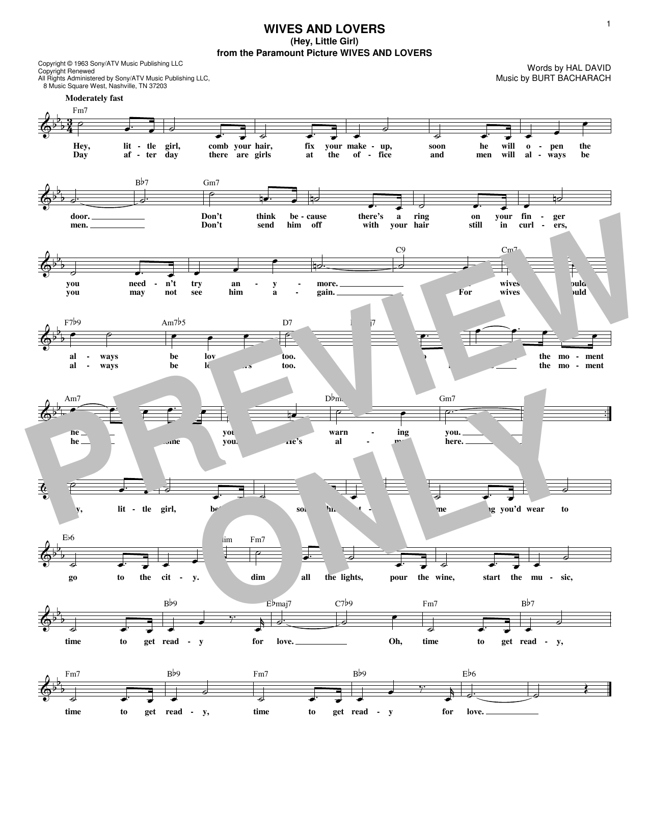 Burt Bacharach Wives And Lovers (Hey, Little Girl) Sheet Music Notes & Chords for Voice - Download or Print PDF
