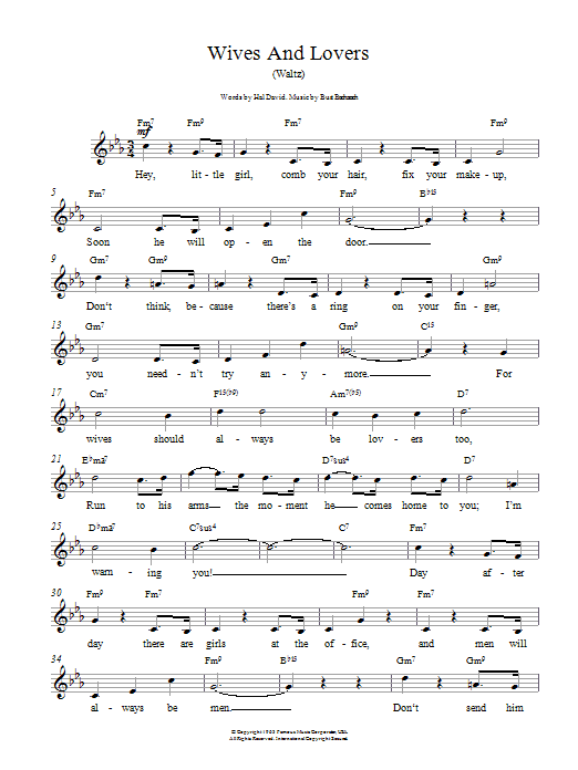Bacharach & David Wives And Lovers (Hey, Little Girl) Sheet Music Notes & Chords for Melody Line, Lyrics & Chords - Download or Print PDF