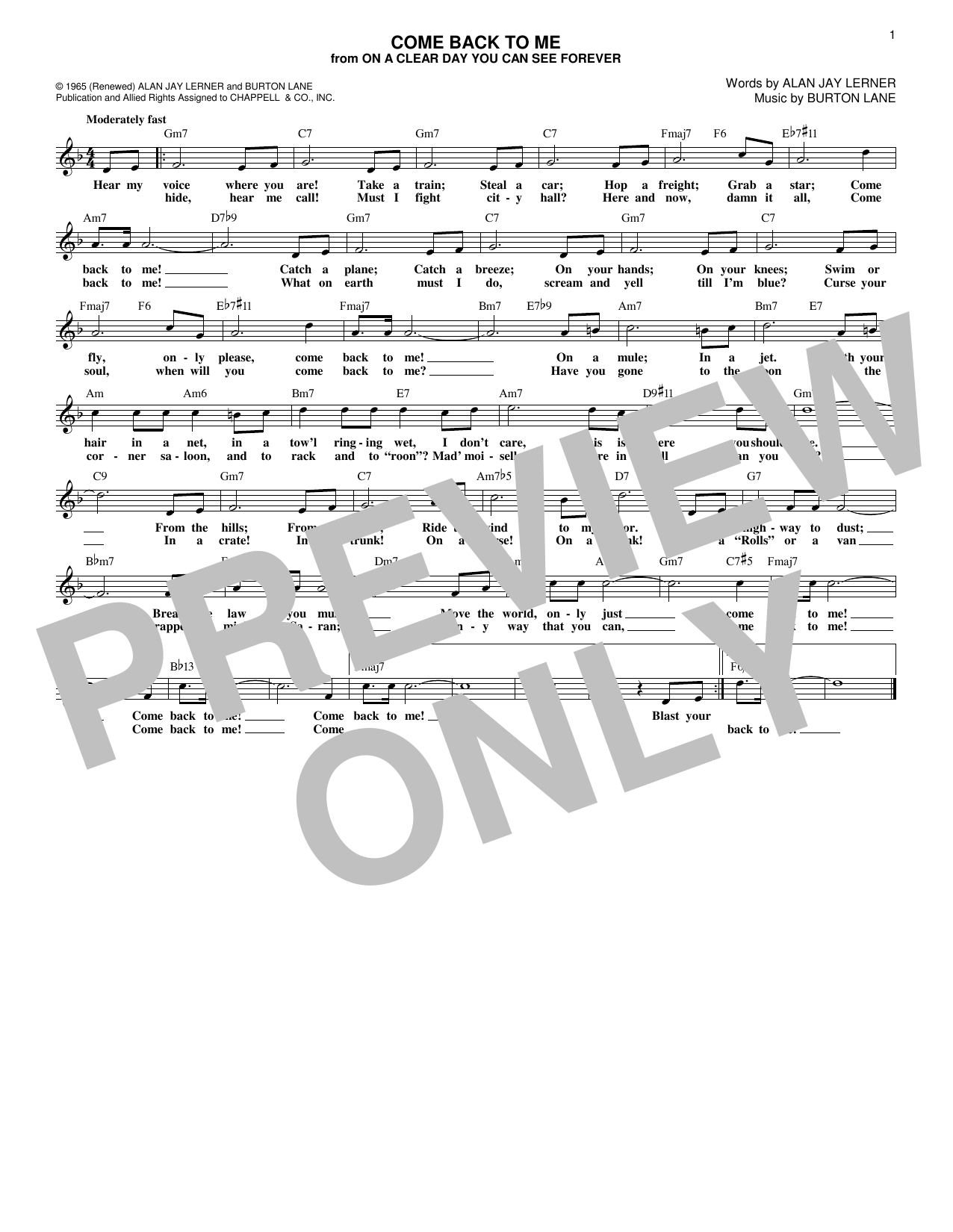 Burton Lane Come Back To Me Sheet Music Notes & Chords for Melody Line, Lyrics & Chords - Download or Print PDF Burton Lane Come Back To Me Sheet Music Notes & Chords for Melody Line, Lyrics & Chords - Download or Print PDF
