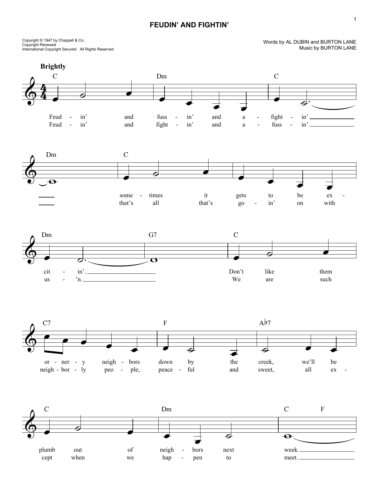 Burton Lane Feudin' And Fightin' Sheet Music Notes & Chords for Melody Line, Lyrics & Chords - Download or Print PDF