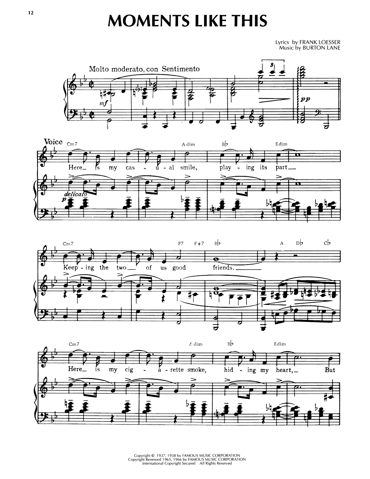 Burton Lane Moments Like This (from College Swing) Sheet Music Notes & Chords for Piano, Vocal & Guitar Chords (Right-Hand Melody) - Download or Print PDF