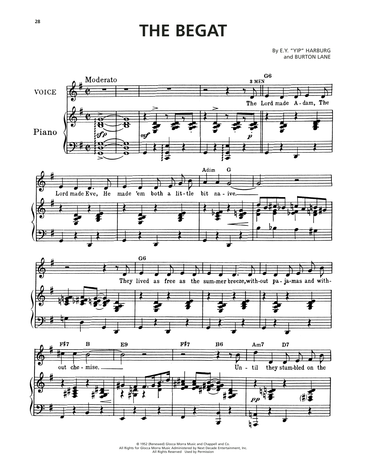 Burton Lane The Begat (from Finian's Rainbow) Sheet Music Notes & Chords for Piano, Vocal & Guitar Chords (Right-Hand Melody) - Download or Print PDF