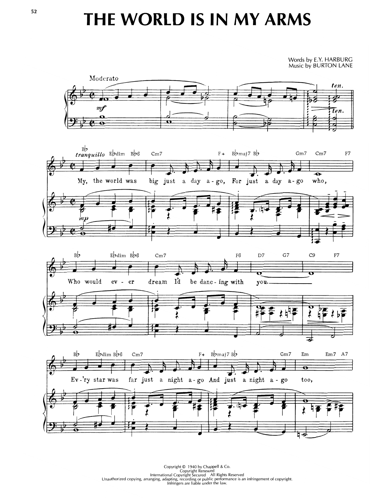 Burton Lane The World Is In My Arms Sheet Music Notes & Chords for Piano, Vocal & Guitar Chords (Right-Hand Melody) - Download or Print PDF