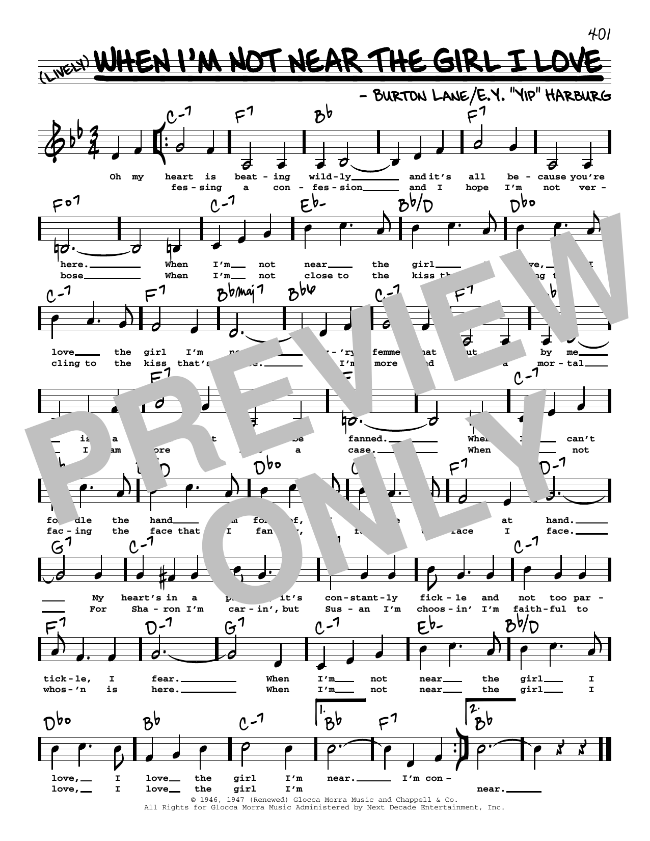 Burton Lane When I'm Not Near The Girl I Love (Low Voice) Sheet Music Notes & Chords for Real Book – Melody, Lyrics & Chords - Download or Print PDF Burton Lane When I'm Not Near The Girl I Love (Low Voice) Sheet Music Notes & Chords for Real Book – Melody, Lyrics & Chords - Download or Print PDF