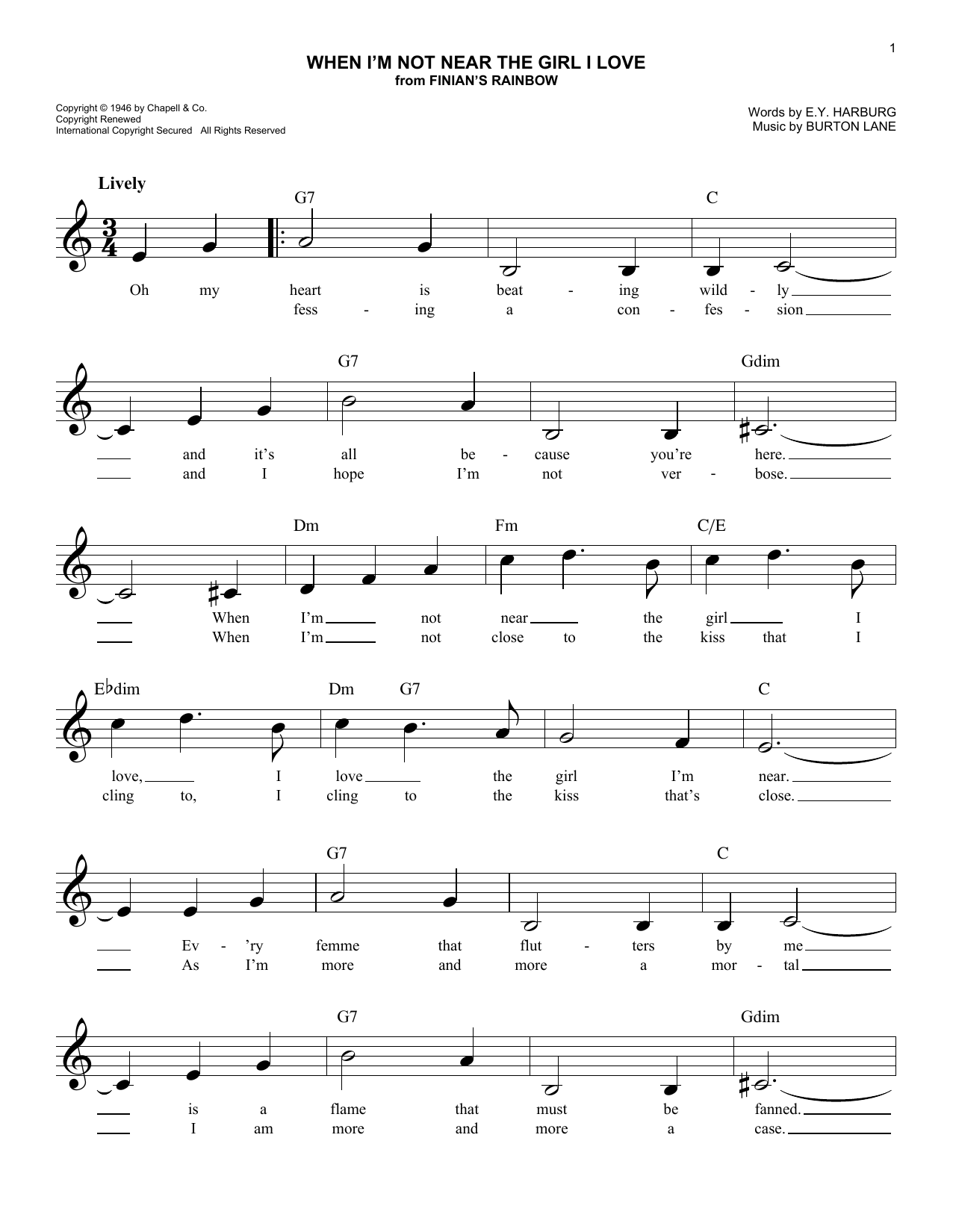 Burton Lane When I'm Not Near The Girl I Love Sheet Music Notes & Chords for Melody Line, Lyrics & Chords - Download or Print PDF