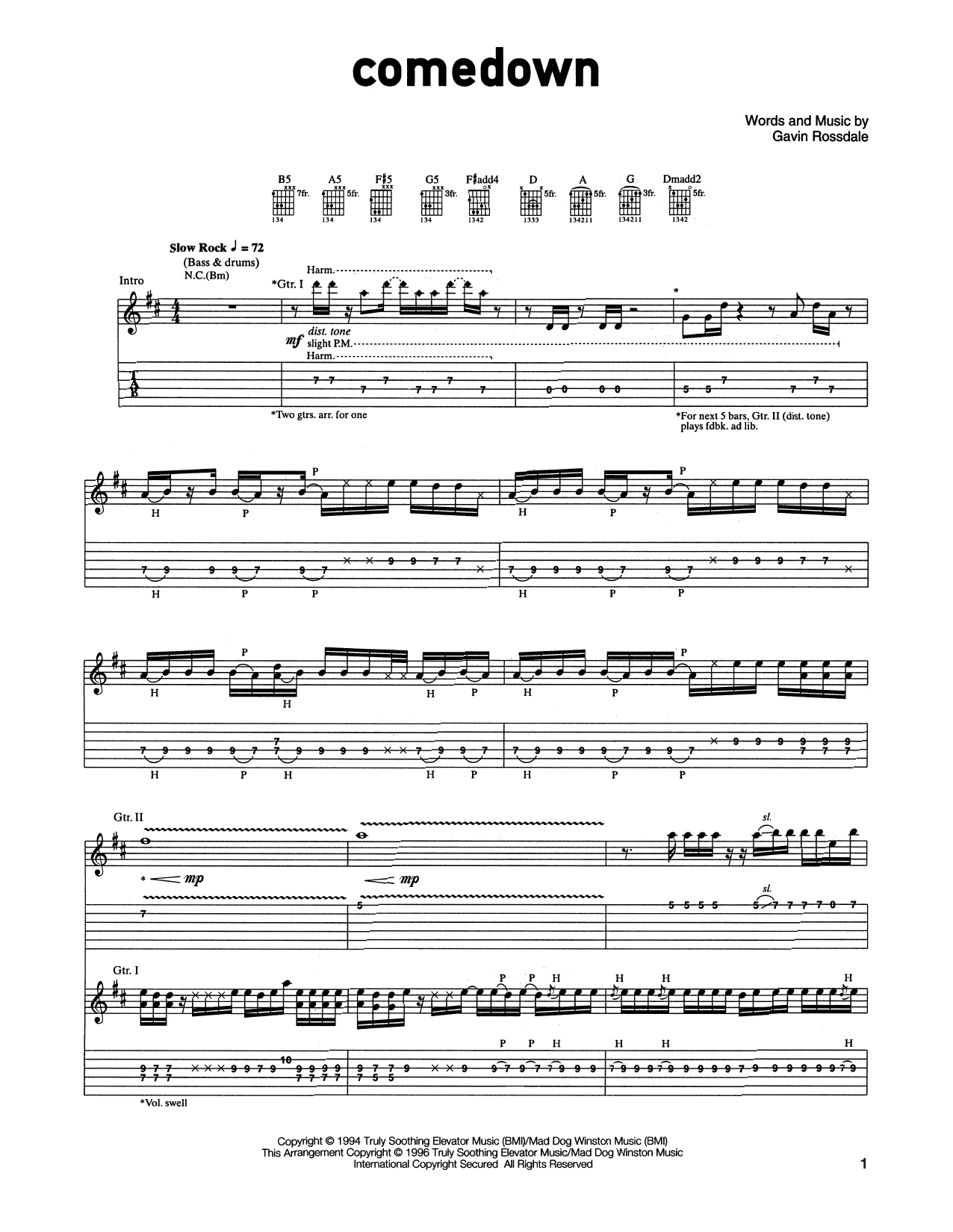 Bush Comedown Sheet Music Notes & Chords for Guitar Tab - Download or Print PDF