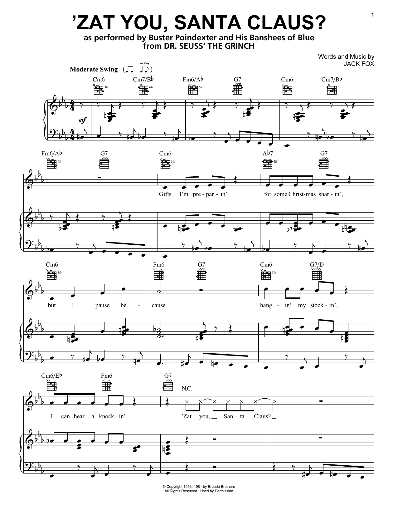Buster Poindexter and His Banshees of Blue 'Zat You, Santa Claus? (from The Grinch) Sheet Music Notes & Chords for Piano, Vocal & Guitar (Right-Hand Melody) - Download or Print PDF