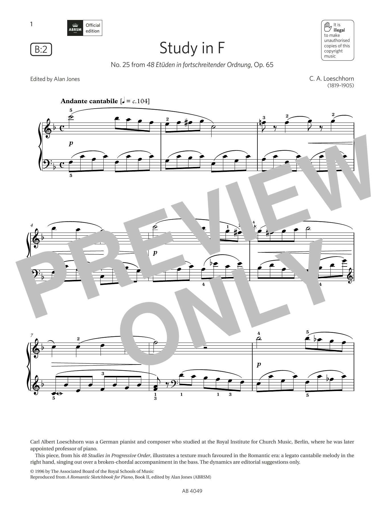 C A Loeschhorn Study in F (Grade 3, list B2, from the ABRSM Piano Syllabus 2023 & 2024) Sheet Music Notes & Chords for Piano Solo - Download or Print PDF