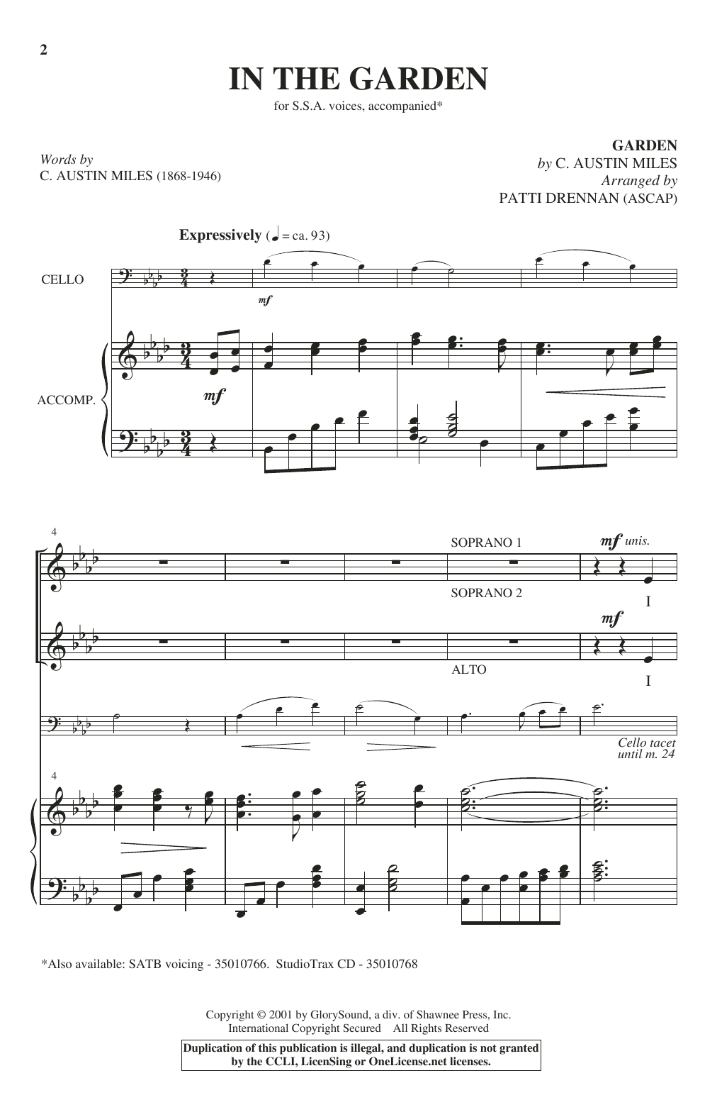 C. Austin Miles In The Garden (arr. Patti Drennan) Sheet Music Notes & Chords for SSA Choir - Download or Print PDF