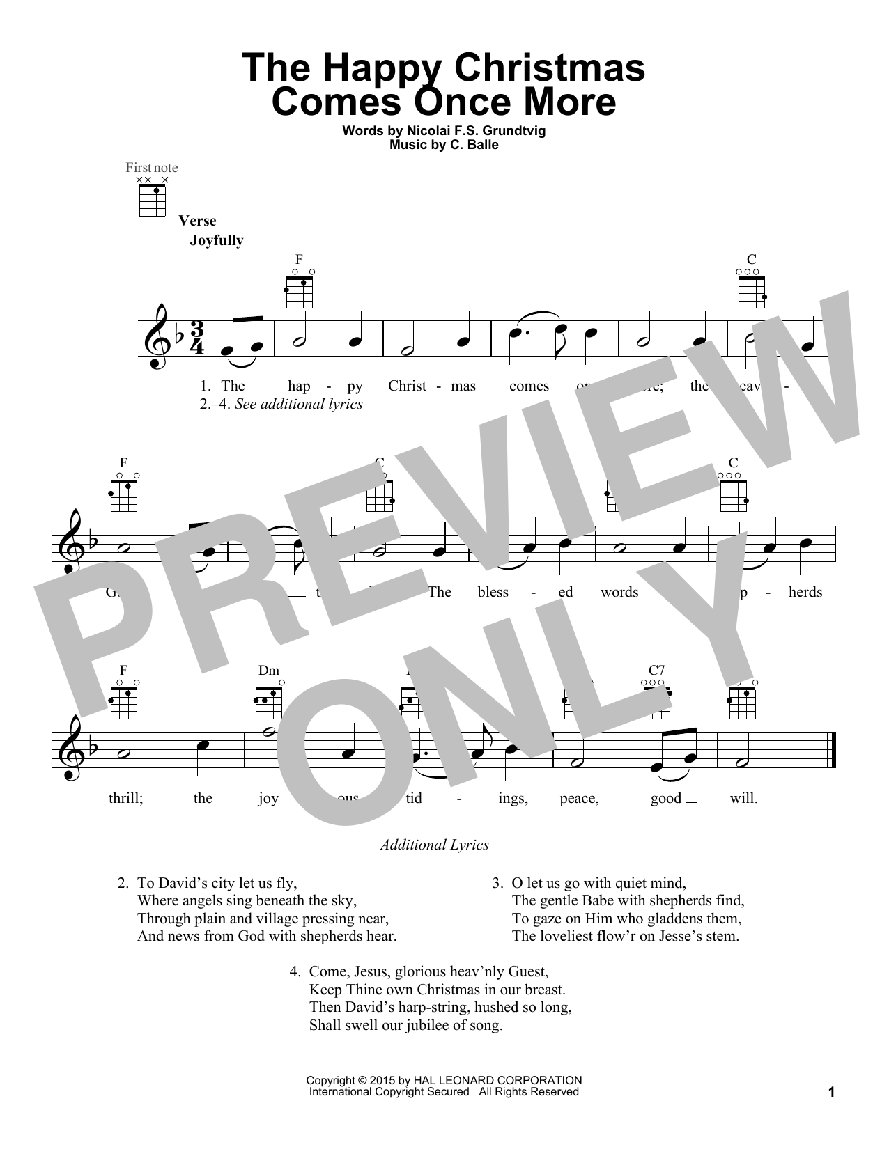 Nikolai F.S. Grundtvig The Happy Christmas Comes Once More Sheet Music Notes & Chords for Ukulele - Download or Print PDF