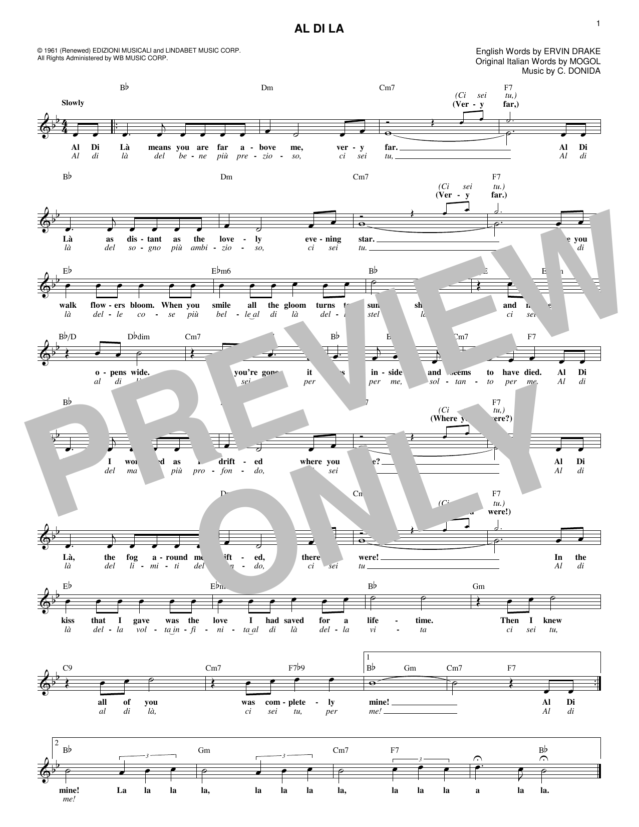 C. Donida Al Di La Sheet Music Notes & Chords for Real Book – Melody & Chords - Download or Print PDF