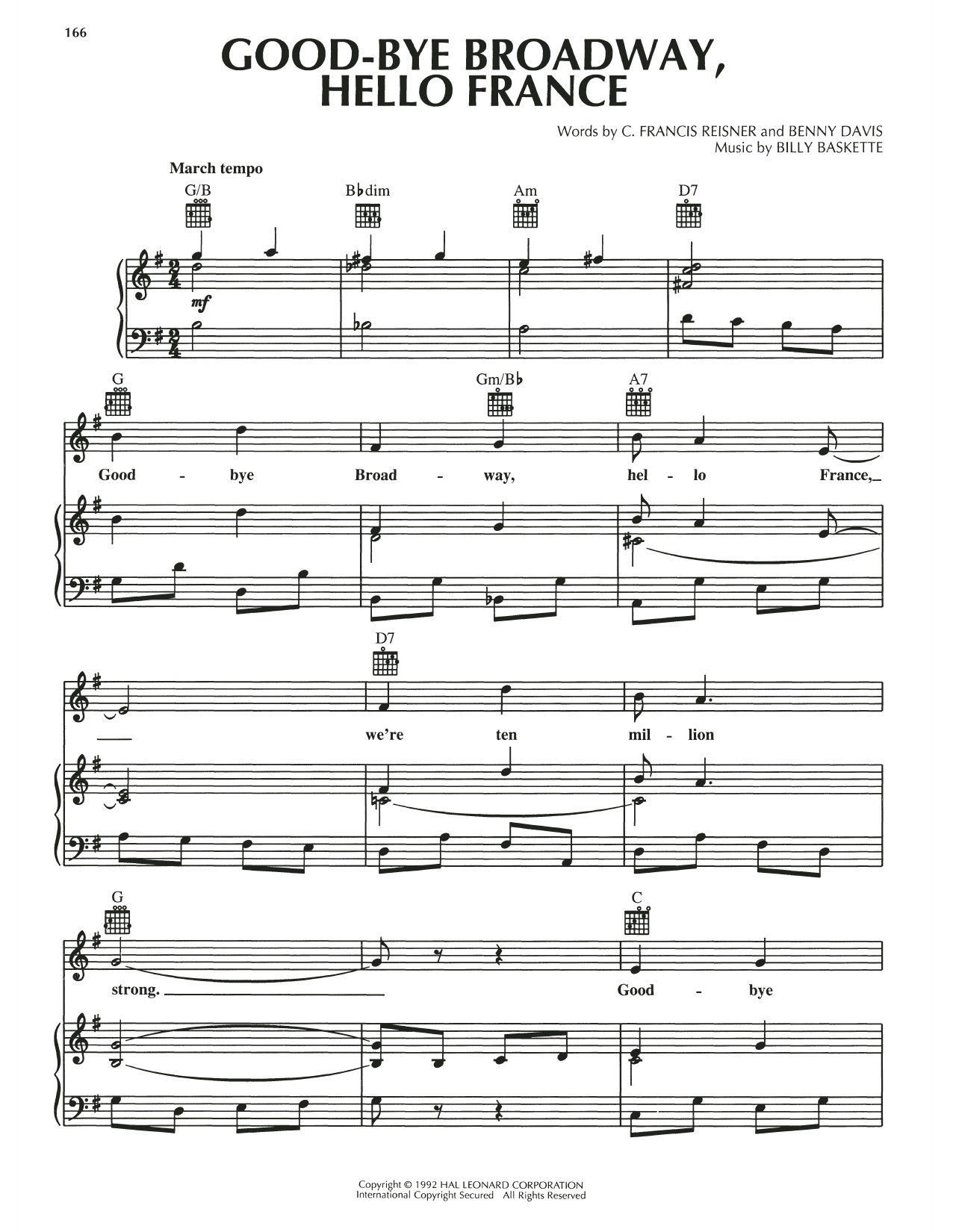 C. Francis Reisner Good-Bye Broadway, Hello France Sheet Music Notes & Chords for Piano, Vocal & Guitar Chords (Right-Hand Melody) - Download or Print PDF