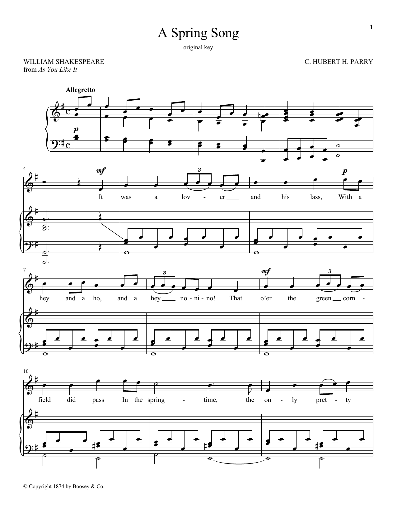 C. Hubert H. Parry A Spring Song, Op. 21, No. 2 Sheet Music Notes & Chords for Piano & Vocal - Download or Print PDF