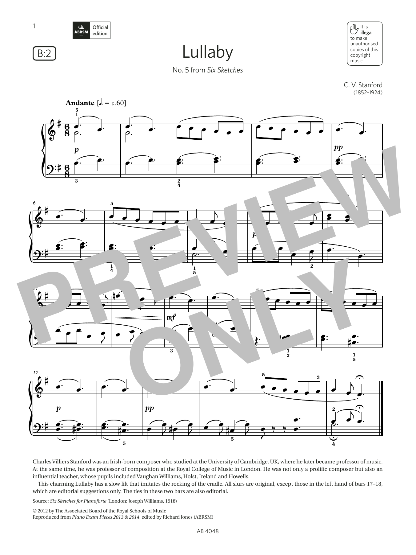C V Stanford Lullaby (Grade 2, list B2, from the ABRSM Piano Syllabus 2023 & 2024) Sheet Music Notes & Chords for Piano Solo - Download or Print PDF