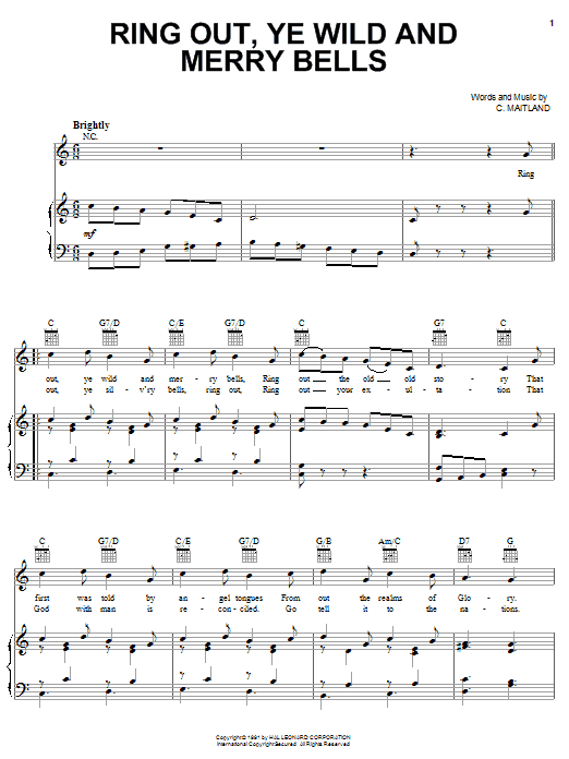 Preview C. Maitland Ring Out, Ye Wild And Merry Bells Christmas sheet music, notes and chords for Piano, Vocal & Guitar (Right-Hand Melody), SKU: 24535 sheet music, piano notes, chords, guitar tabs, score, transpose, transcribe, how to play, guide, download, learn, tutorial, progression, song, artist, awards, billboard, mtv, vh1, tour, single, album, release
