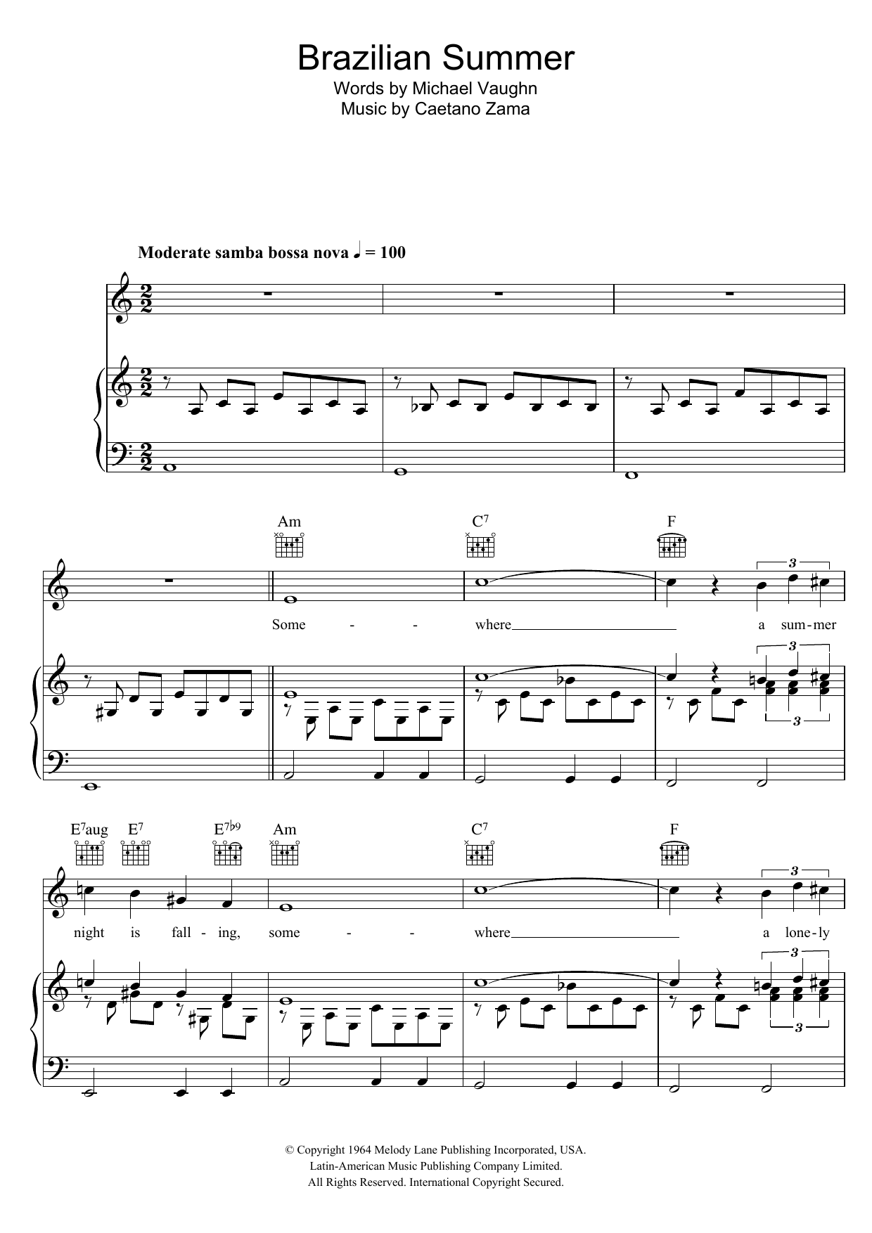 Caetano Zama Brazilian Summer Sheet Music Notes & Chords for Piano, Vocal & Guitar (Right-Hand Melody) - Download or Print PDF