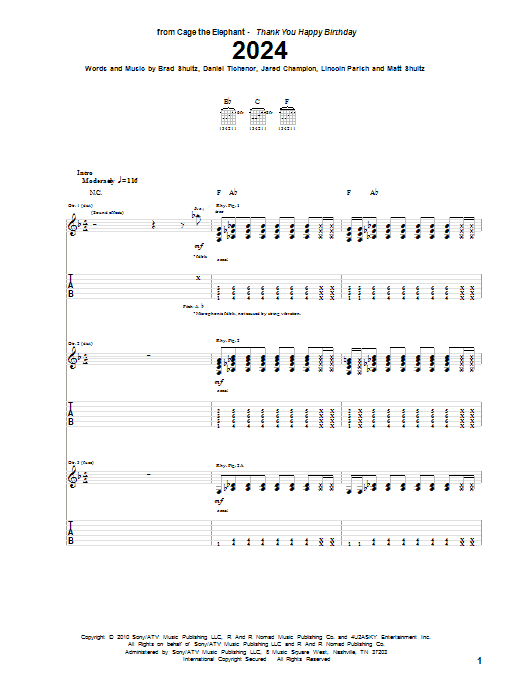 Cage The Elephant 2024 Sheet Music Notes & Chords for Guitar Tab - Download or Print PDF