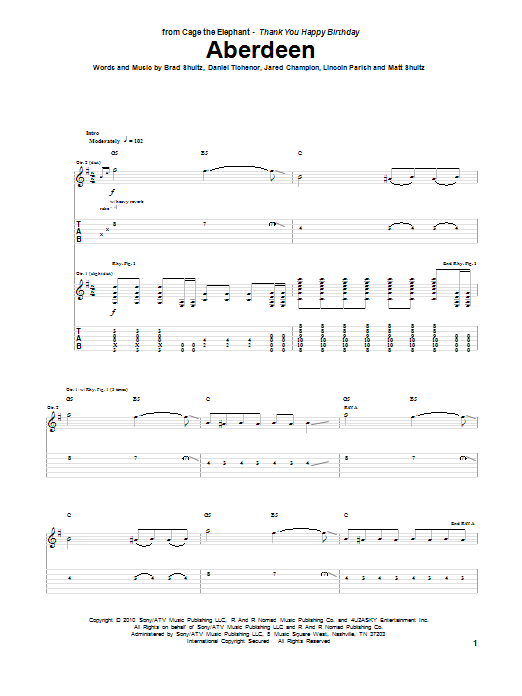 Cage The Elephant Aberdeen Sheet Music Notes & Chords for Guitar Tab - Download or Print PDF