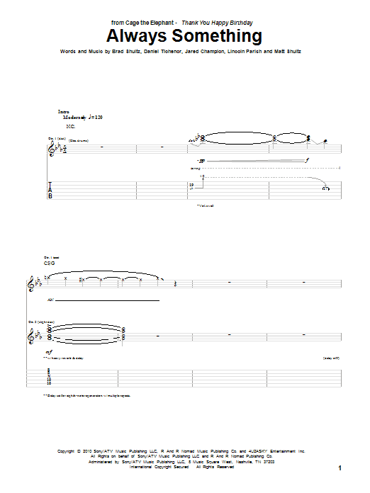 Cage The Elephant Always Something Sheet Music Notes & Chords for Guitar Tab - Download or Print PDF