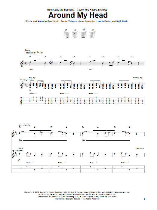 Cage The Elephant Around My Head Sheet Music Notes & Chords for Guitar Tab - Download or Print PDF