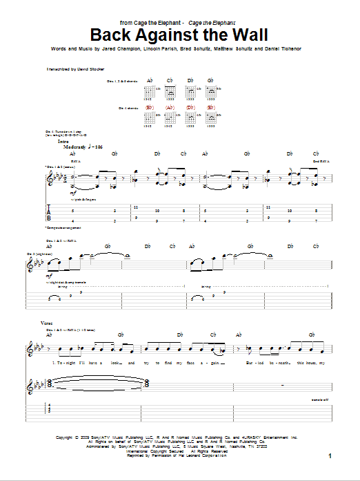 Cage The Elephant Back Against The Wall Sheet Music Notes & Chords for Guitar Tab - Download or Print PDF