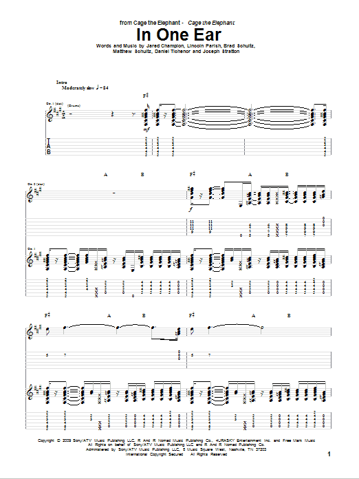 Cage The Elephant In One Ear Sheet Music Notes & Chords for Guitar Tab - Download or Print PDF