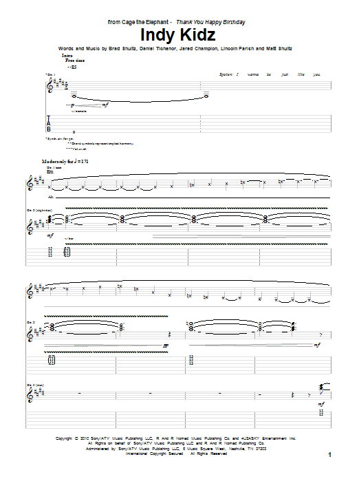 Cage The Elephant Indy Kidz Sheet Music Notes & Chords for Guitar Tab - Download or Print PDF