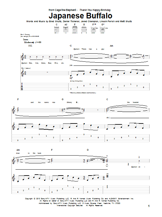 Cage The Elephant Japanese Buffalo Sheet Music Notes & Chords for Guitar Tab - Download or Print PDF