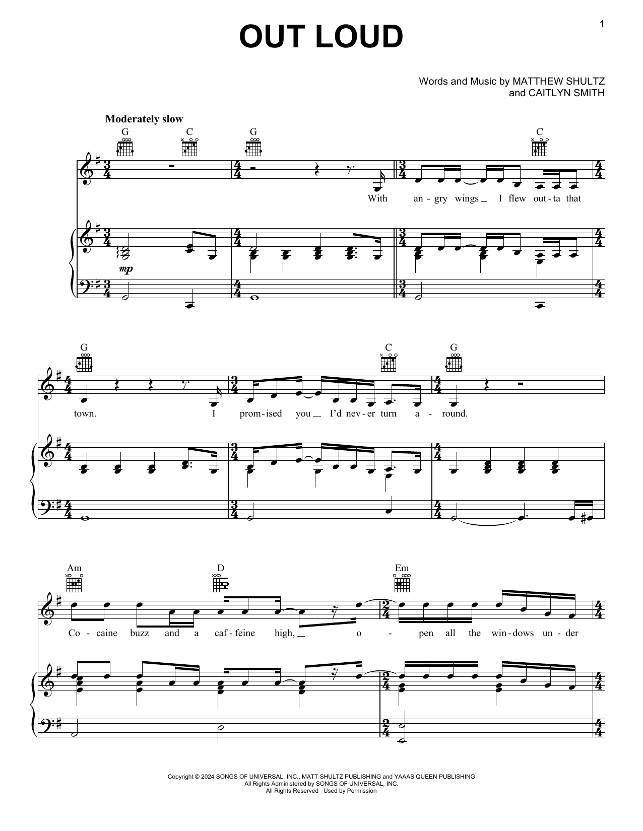 Cage The Elephant Out Loud Sheet Music Notes & Chords for Piano, Vocal & Guitar Chords (Right-Hand Melody) - Download or Print PDF